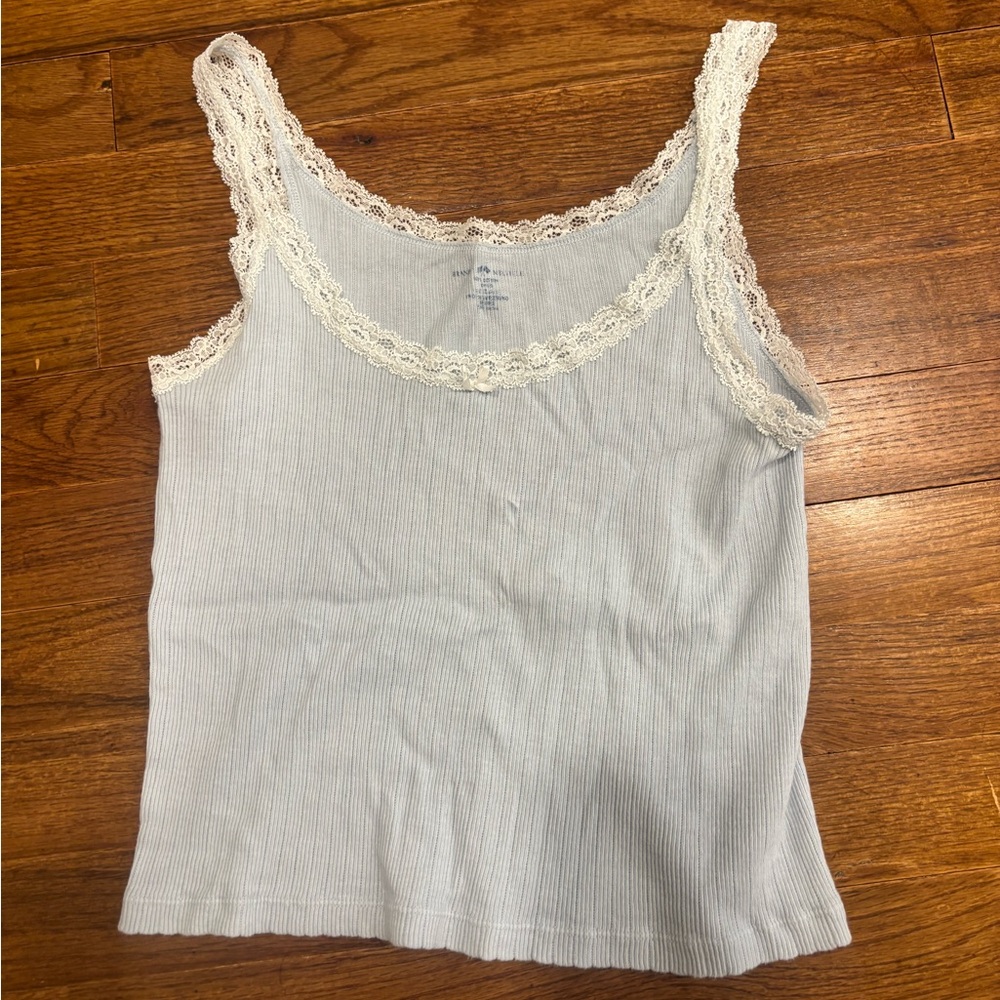 Brandy Mellville Women's Lace Trim Ribbed Tank Top - Light Blue